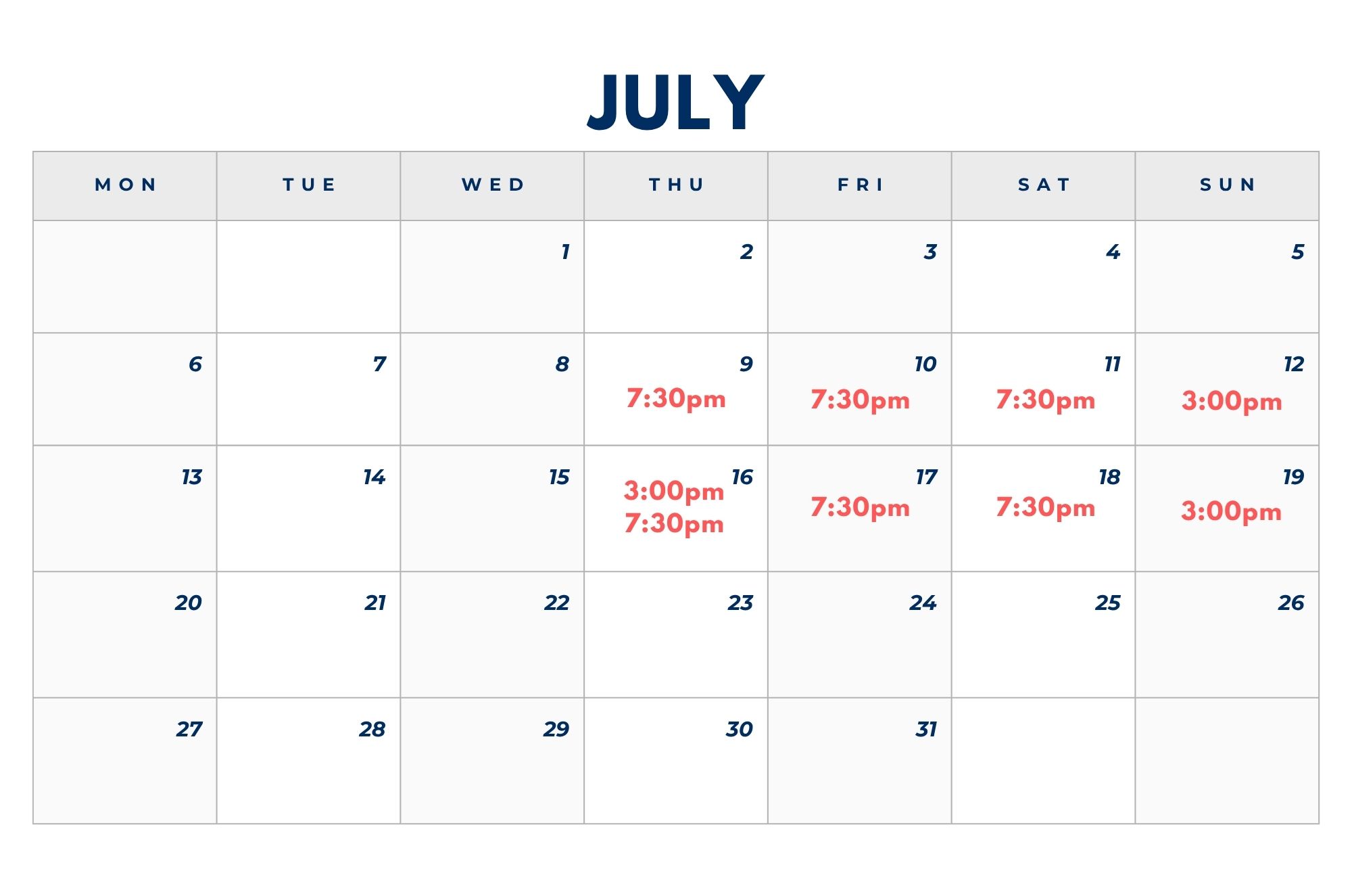 One Night Only for 2 Weeks Calendar